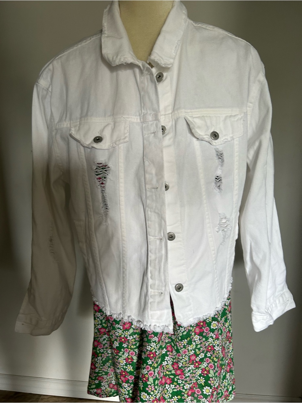Love Tree White Distressed Denim Jean Jacket